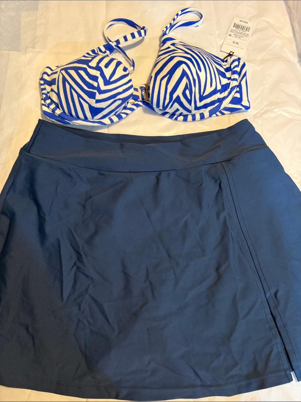 Blue and White Zebra Print Underwire Bikini Top with Navy Swim Skirt